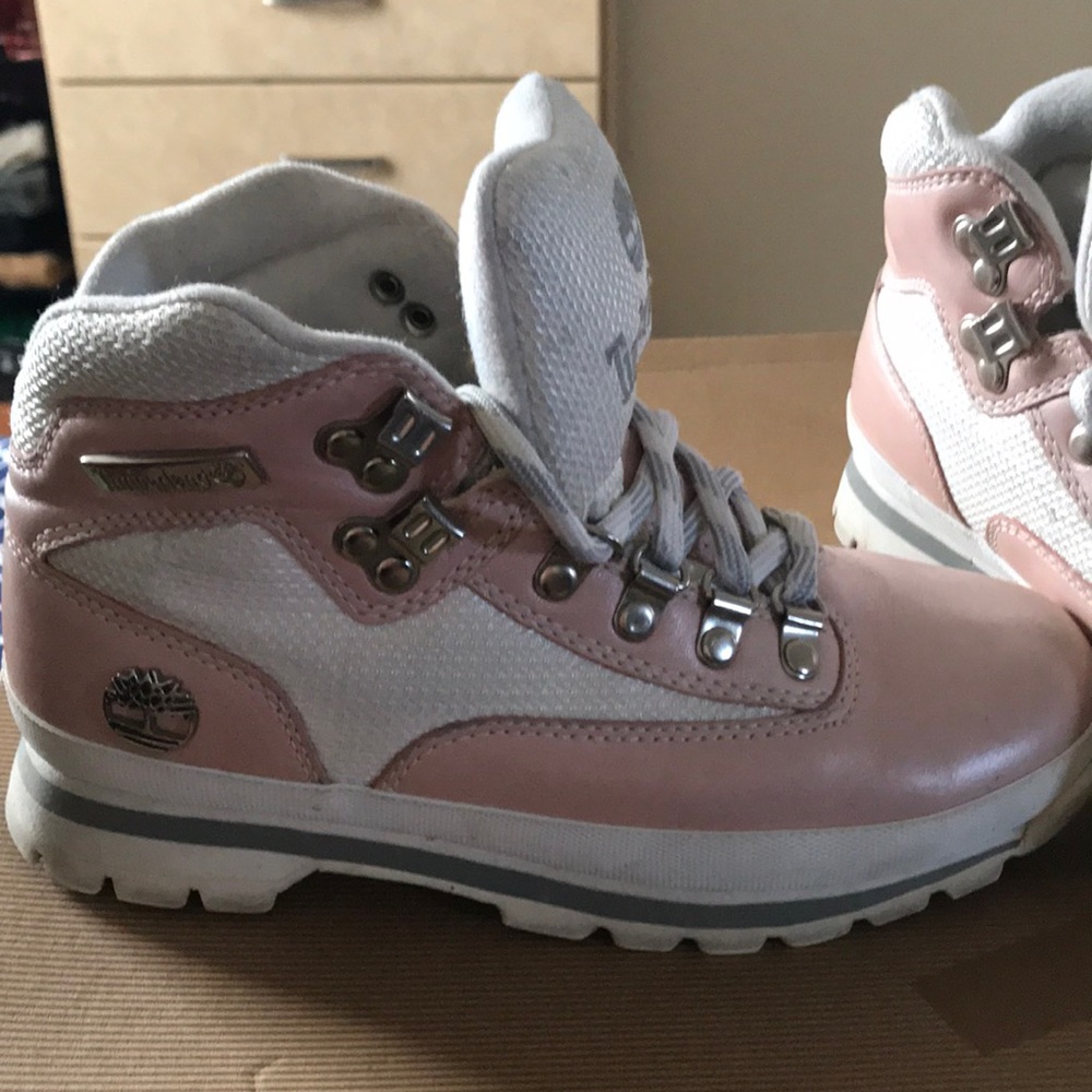 Pink and white Timberlands